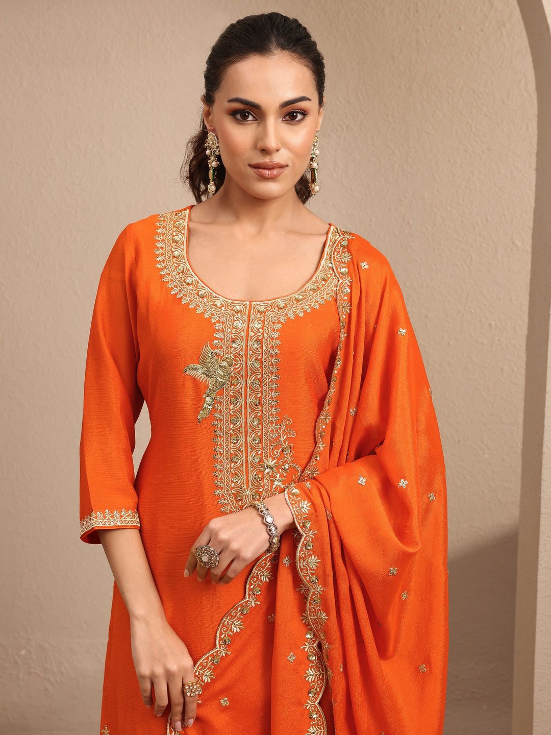 Orange Embroidered Chinon Straight Suit Set With Dupatta