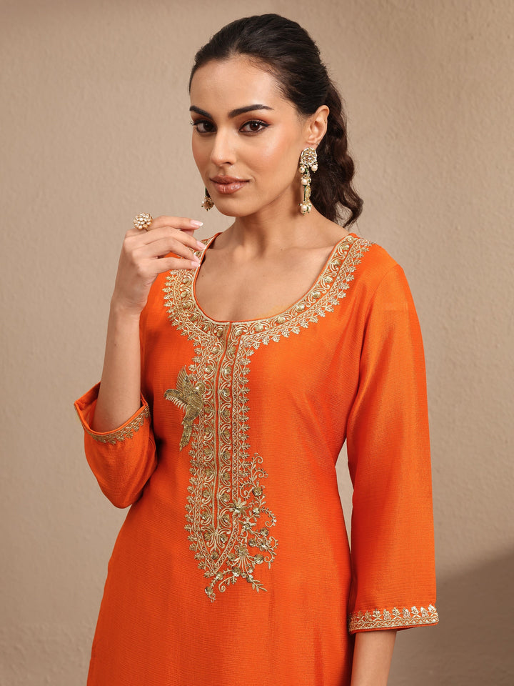 Orange Embroidered Chinon Straight Suit Set With Dupatta