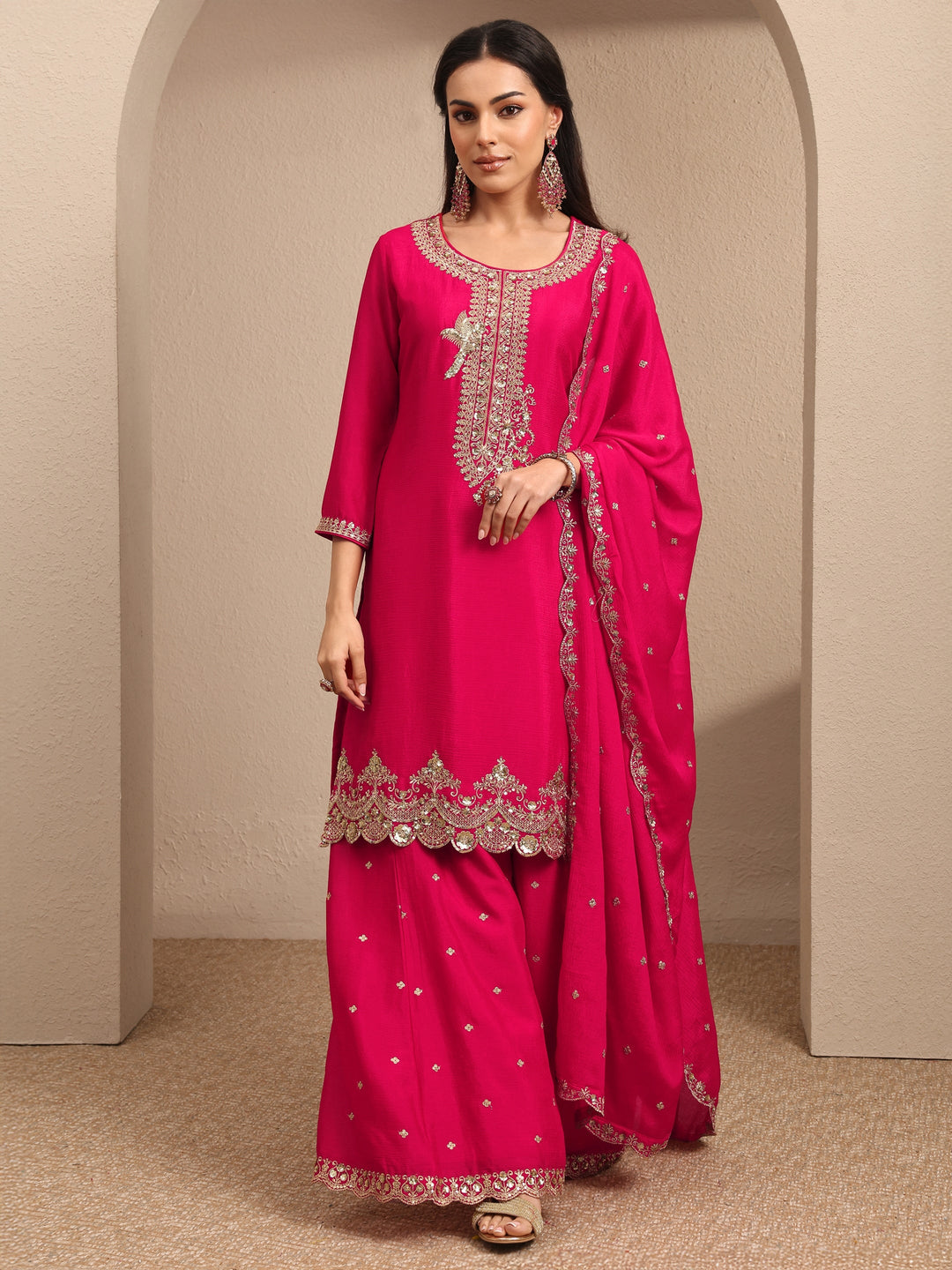 Pink Embroidered Chinon Straight Suit Set With Dupatta