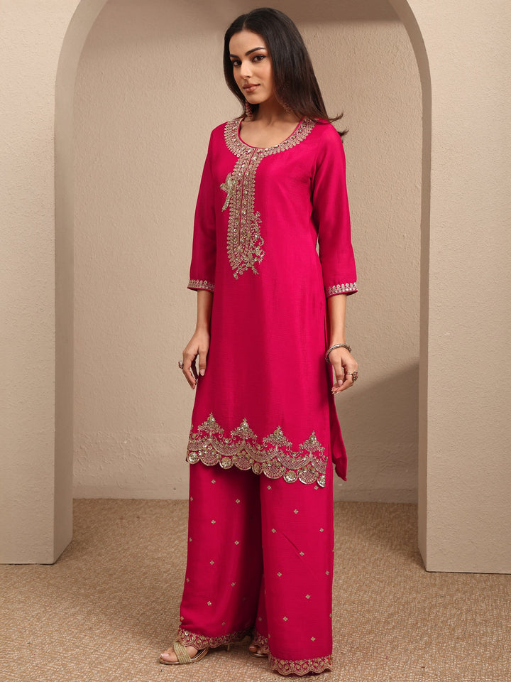 Pink Embroidered Chinon Straight Suit Set With Dupatta