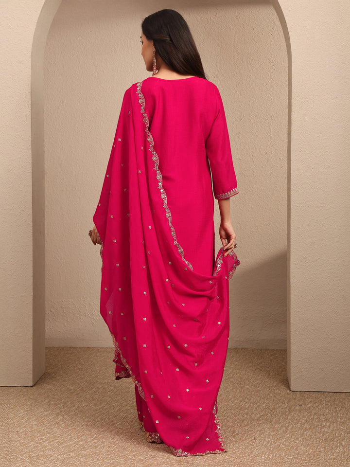 Pink Embroidered Chinon Straight Suit Set With Dupatta