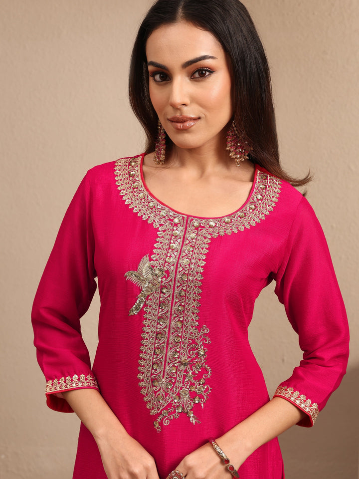 Pink Embroidered Chinon Straight Suit Set With Dupatta