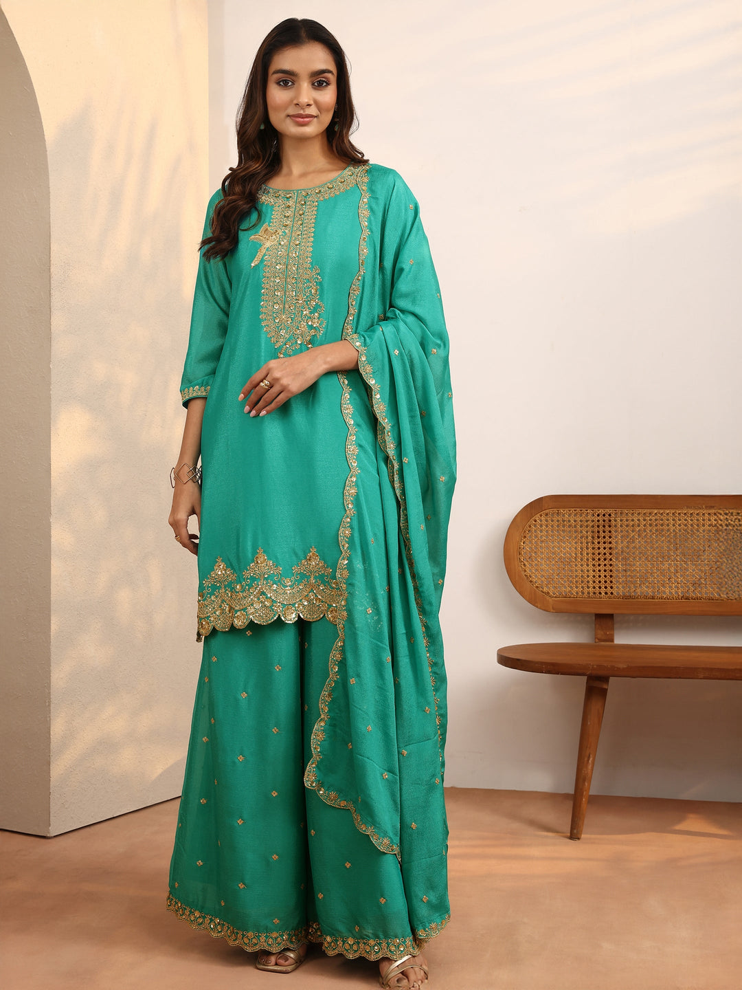 Green Embroidered Chinon Straight Suit Set With Dupatta