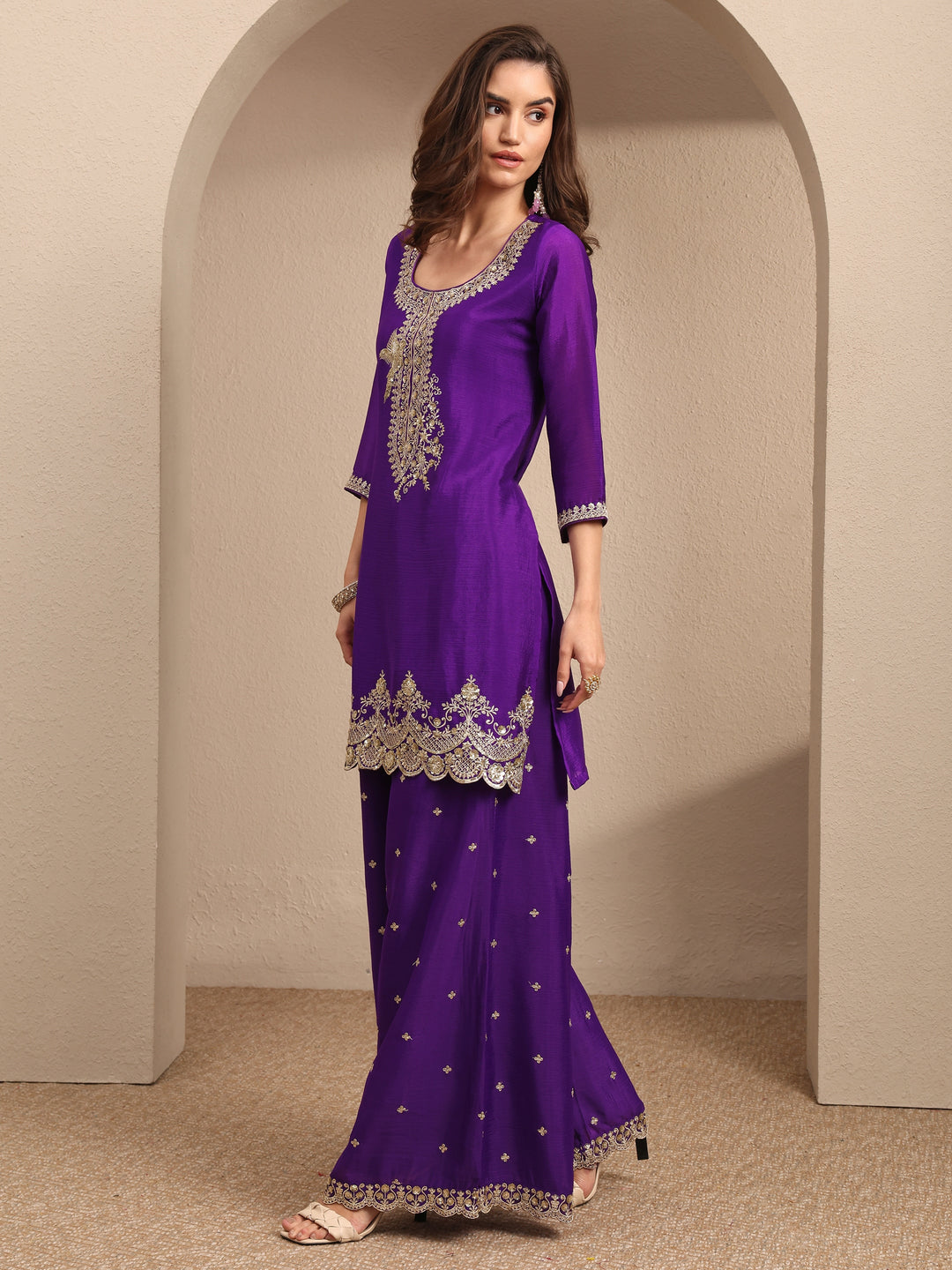 Purple Embroidered Chinon Straight Suit Set With Dupatta