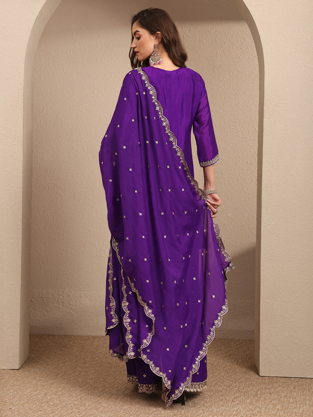 Purple Embroidered Chinon Straight Suit Set With Dupatta