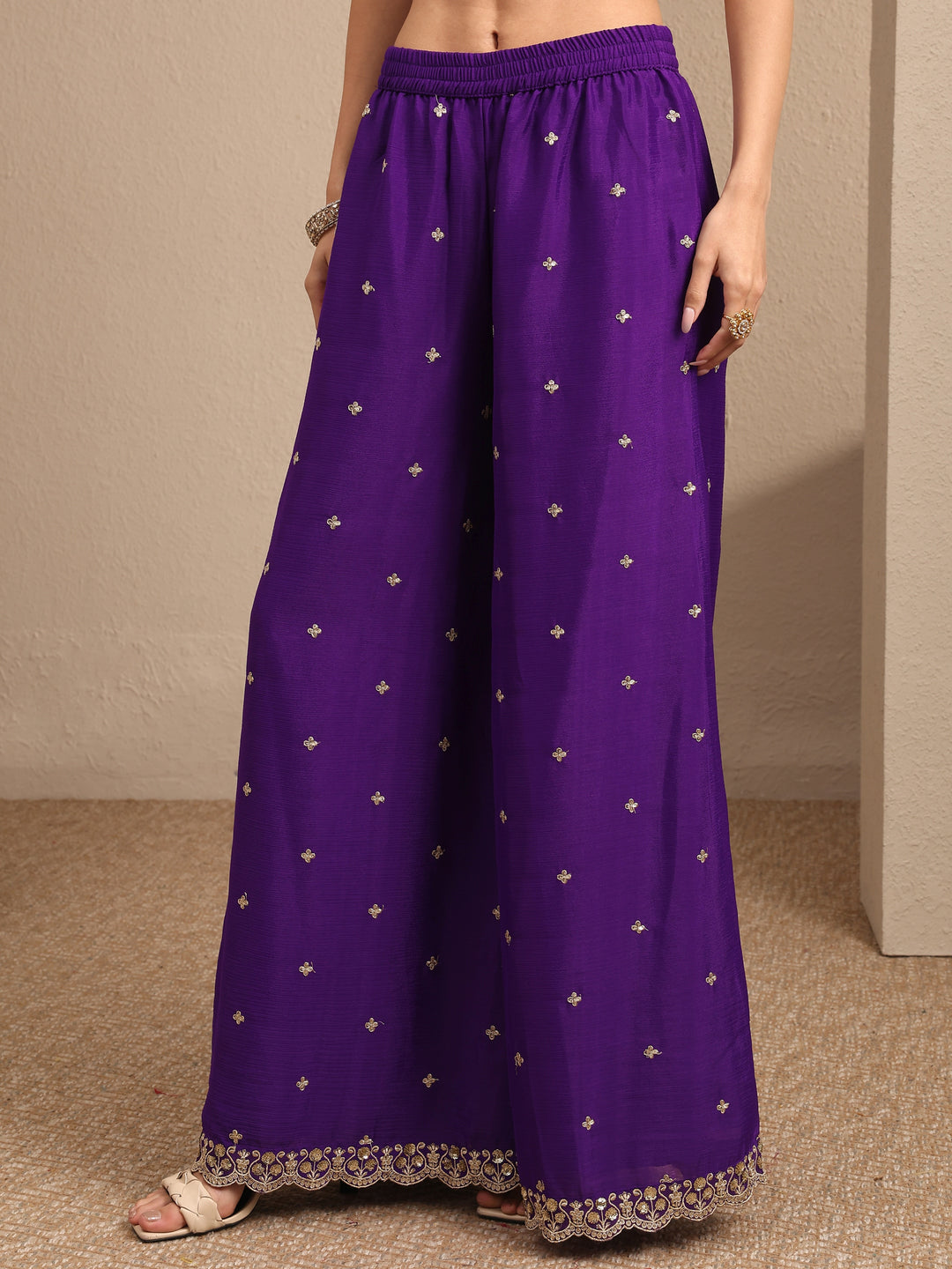 Purple Embroidered Chinon Straight Suit Set With Dupatta