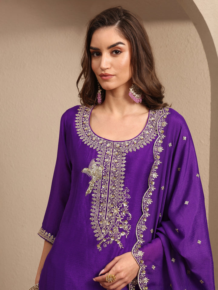 Purple Embroidered Chinon Straight Suit Set With Dupatta