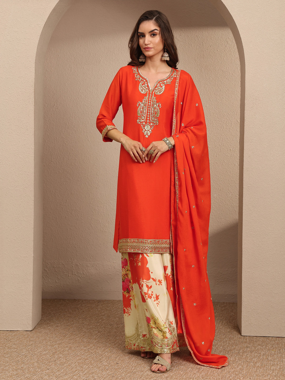 Orange Embroidered Chinon Straight Suit Set With Dupatta
