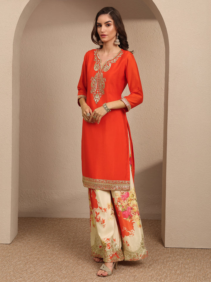 Orange Embroidered Chinon Straight Suit Set With Dupatta