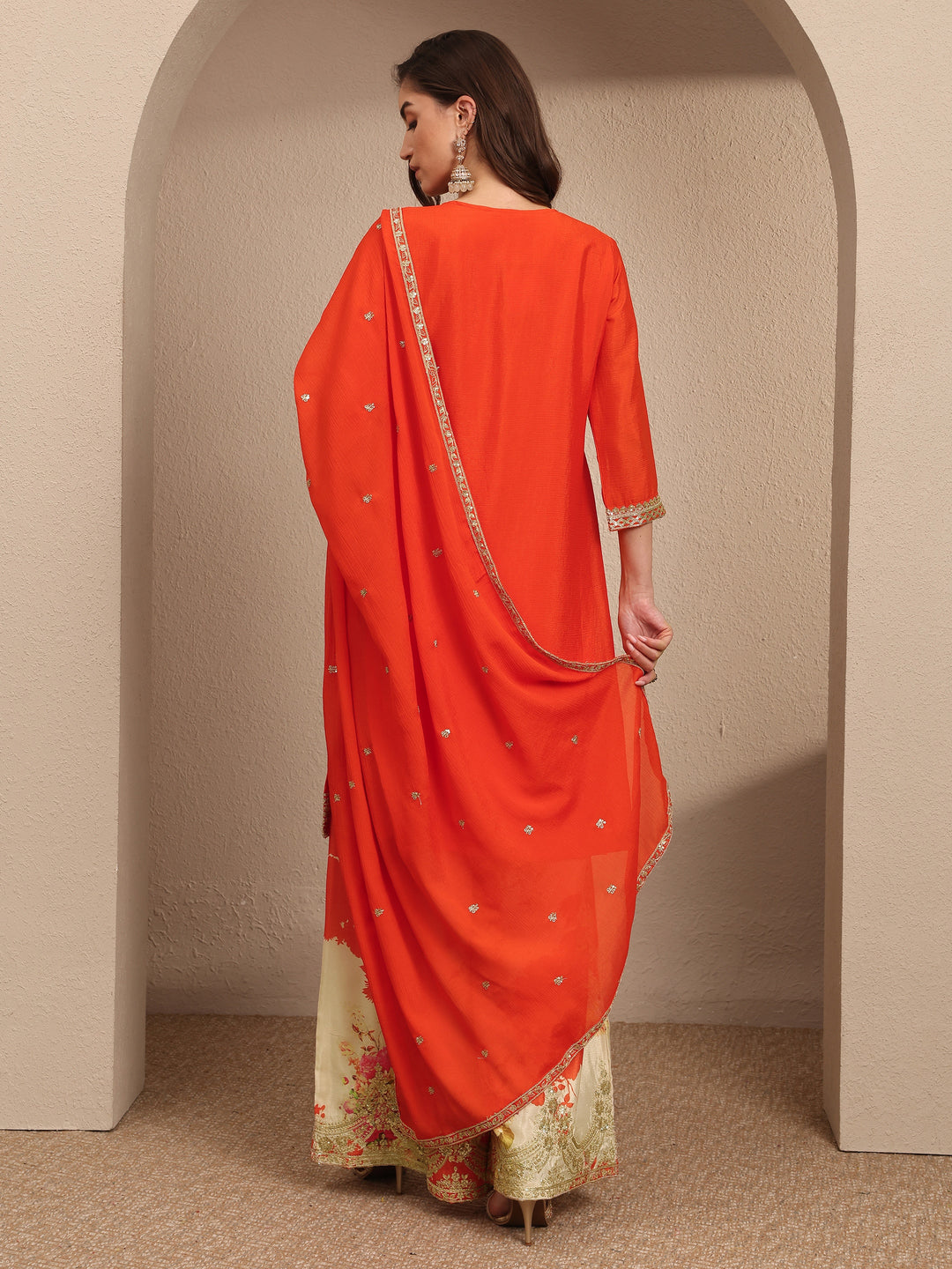 Orange Embroidered Chinon Straight Suit Set With Dupatta