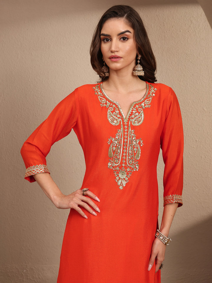 Orange Embroidered Chinon Straight Suit Set With Dupatta
