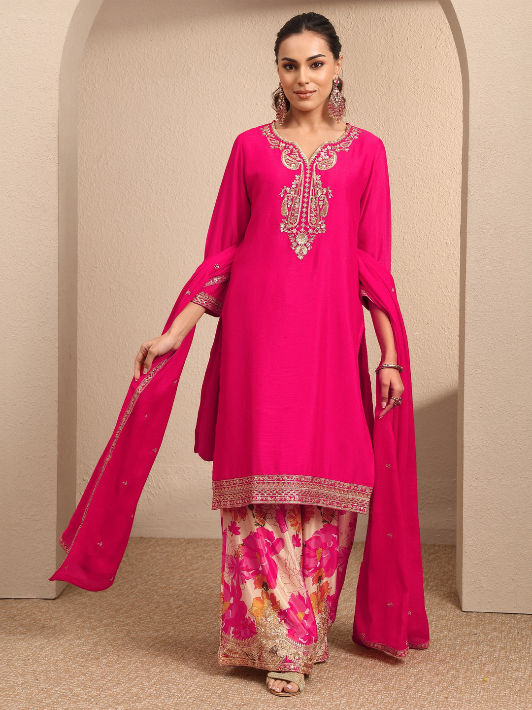Pink Embroidered Chinon Straight Suit Set With Dupatta