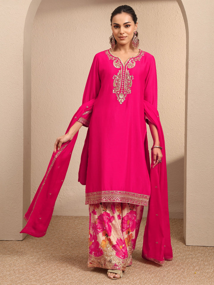 Pink Embroidered Chinon Straight Suit Set With Dupatta