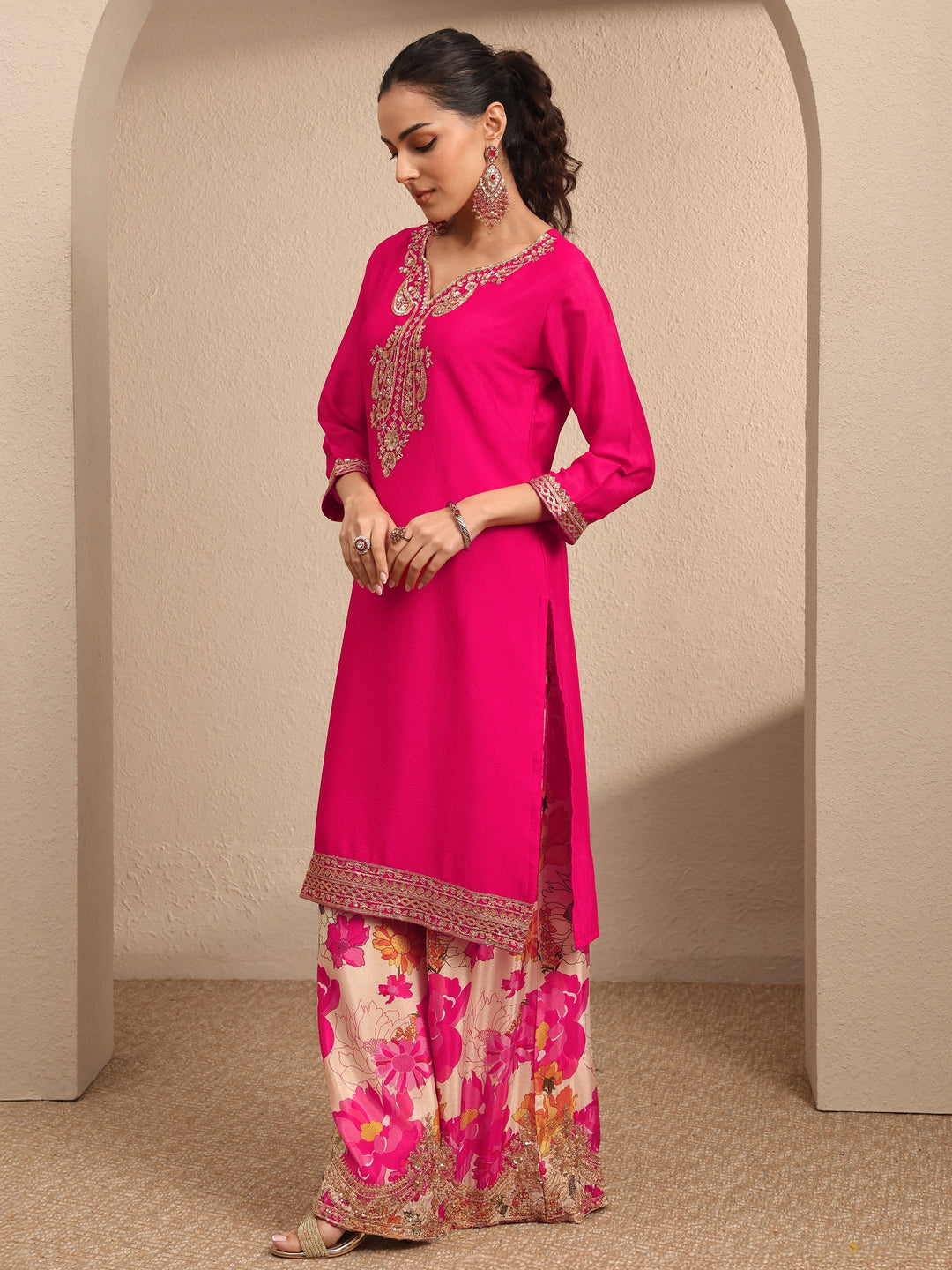 Pink Embroidered Chinon Straight Suit Set With Dupatta
