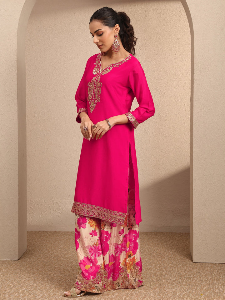 Pink Embroidered Chinon Straight Suit Set With Dupatta