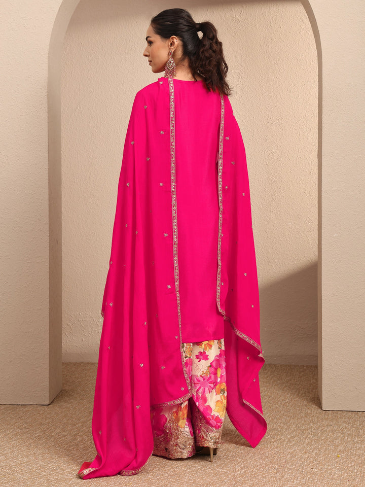 Pink Embroidered Chinon Straight Suit Set With Dupatta