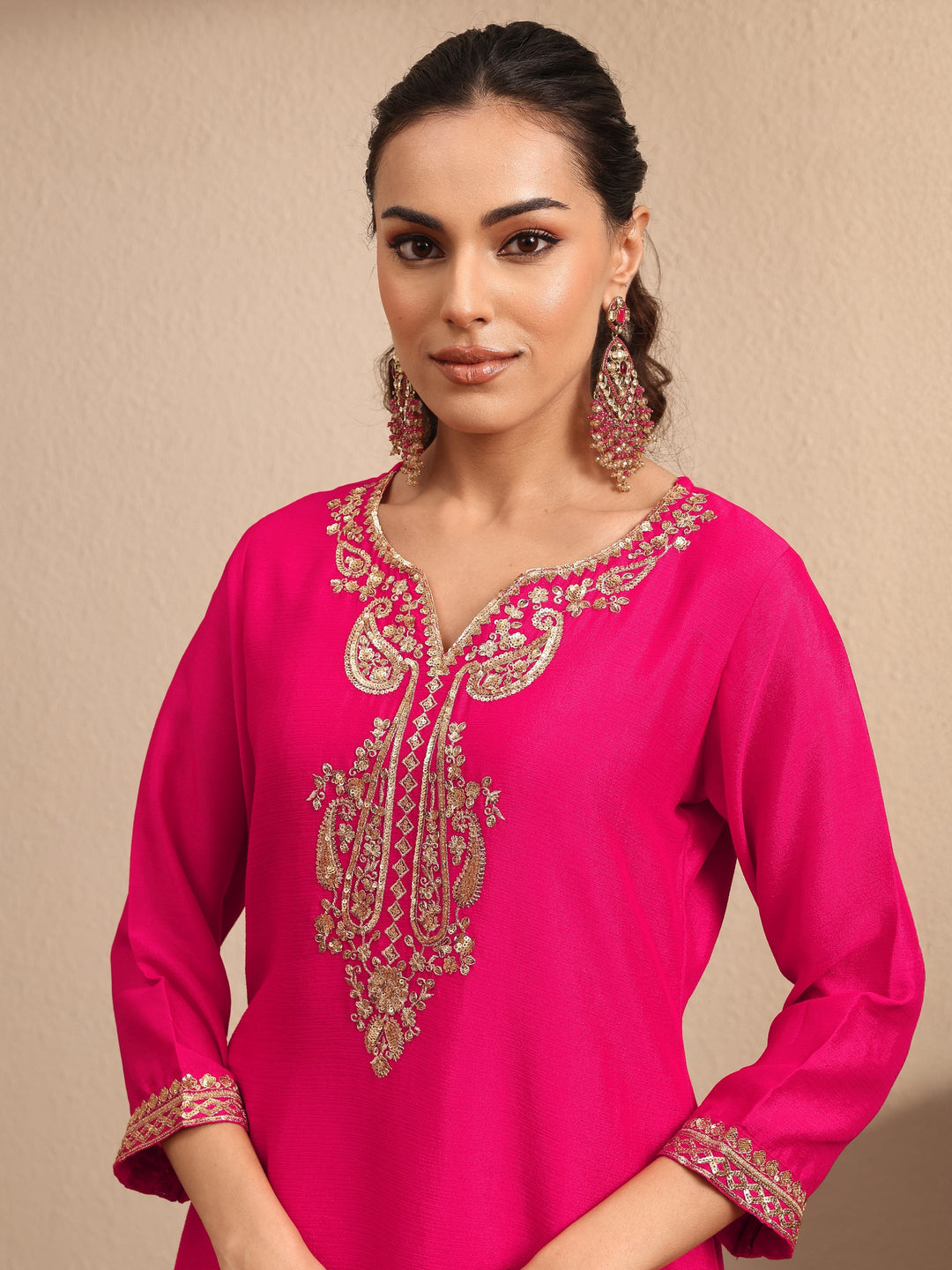 Pink Embroidered Chinon Straight Suit Set With Dupatta