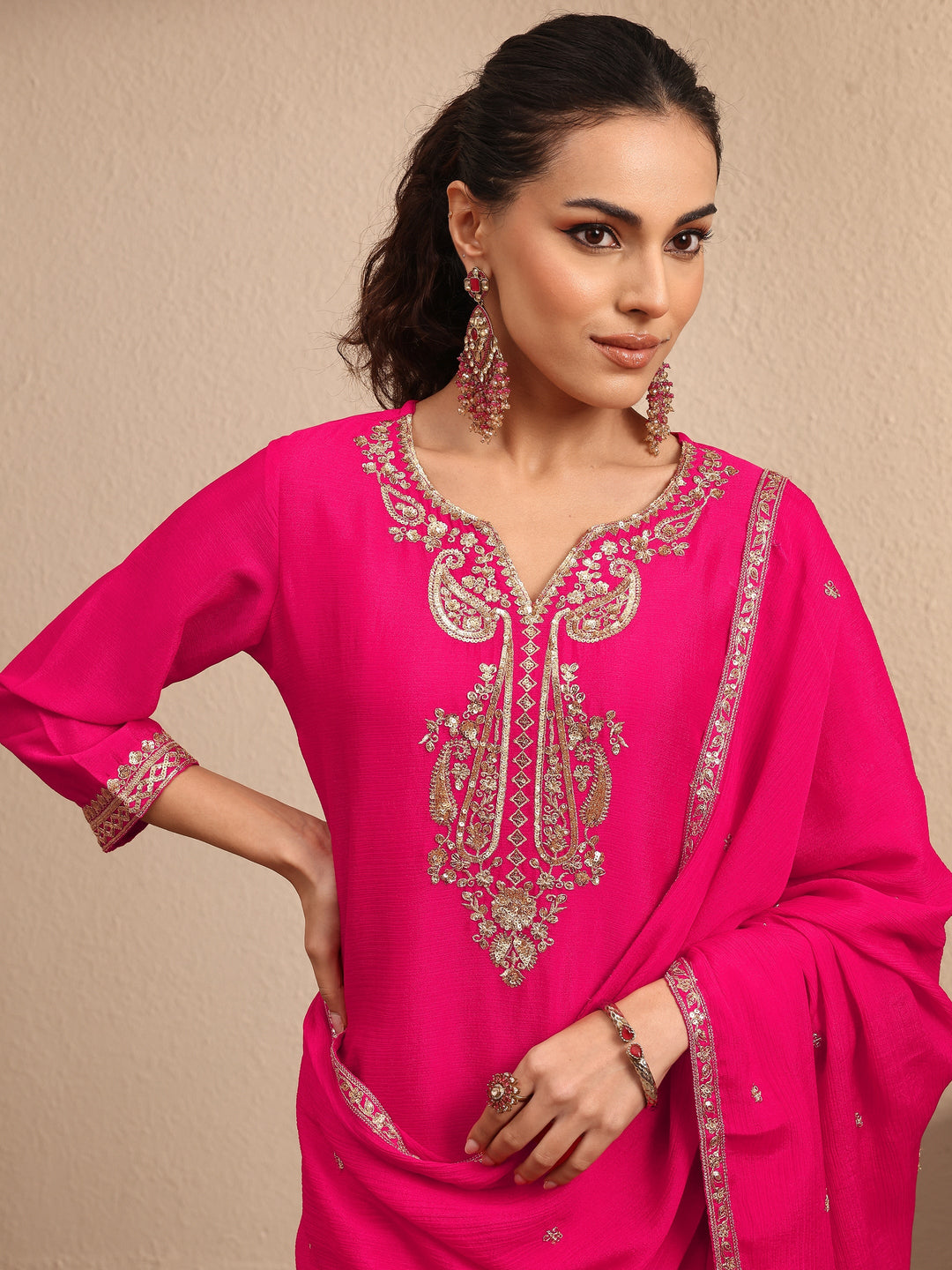 Pink Embroidered Chinon Straight Suit Set With Dupatta