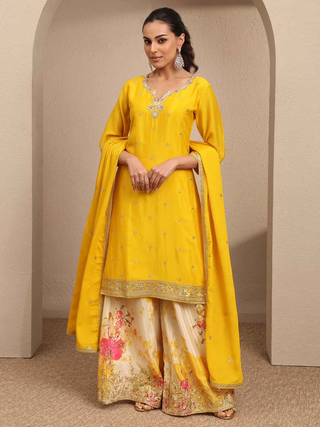 Yellow Embroidered Chinon Straight Suit Set With Dupatta