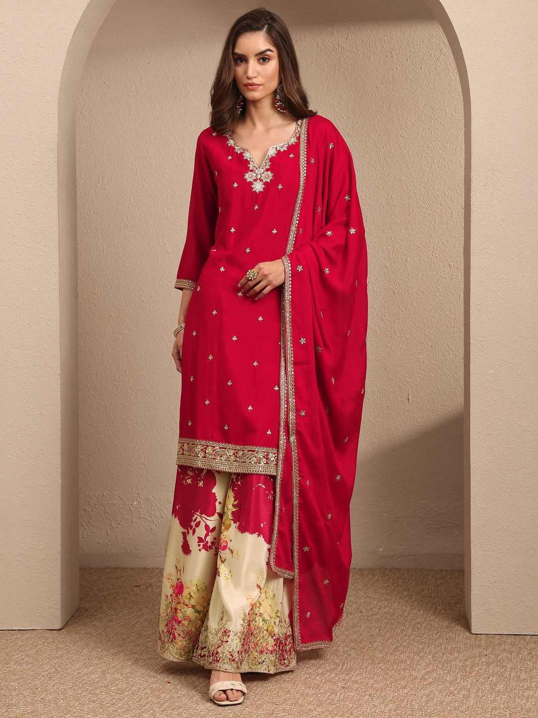 Red Embroidered Chinon Straight Suit Set With Dupatta