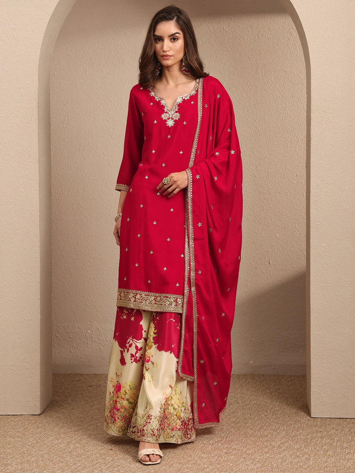 Red Embroidered Chinon Straight Suit Set With Dupatta