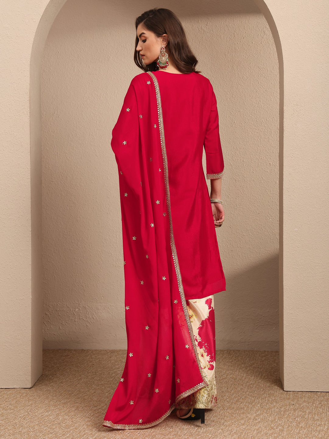 Red Embroidered Chinon Straight Suit Set With Dupatta