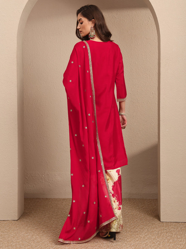 Red Embroidered Chinon Straight Suit Set With Dupatta