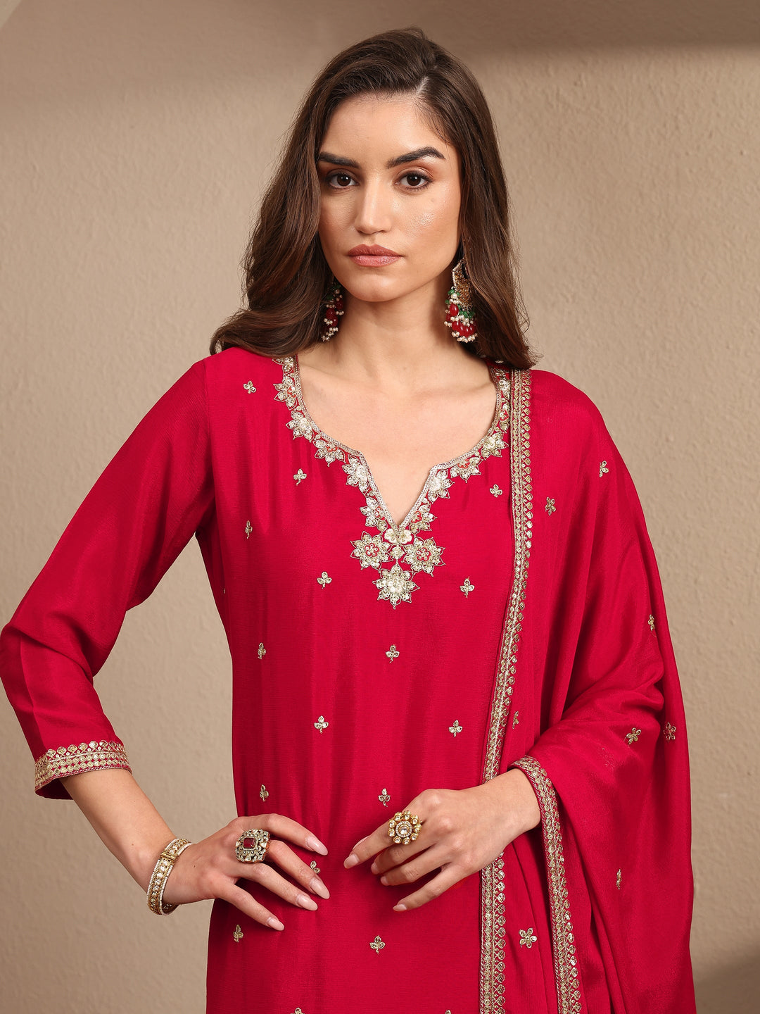 Red Embroidered Chinon Straight Suit Set With Dupatta