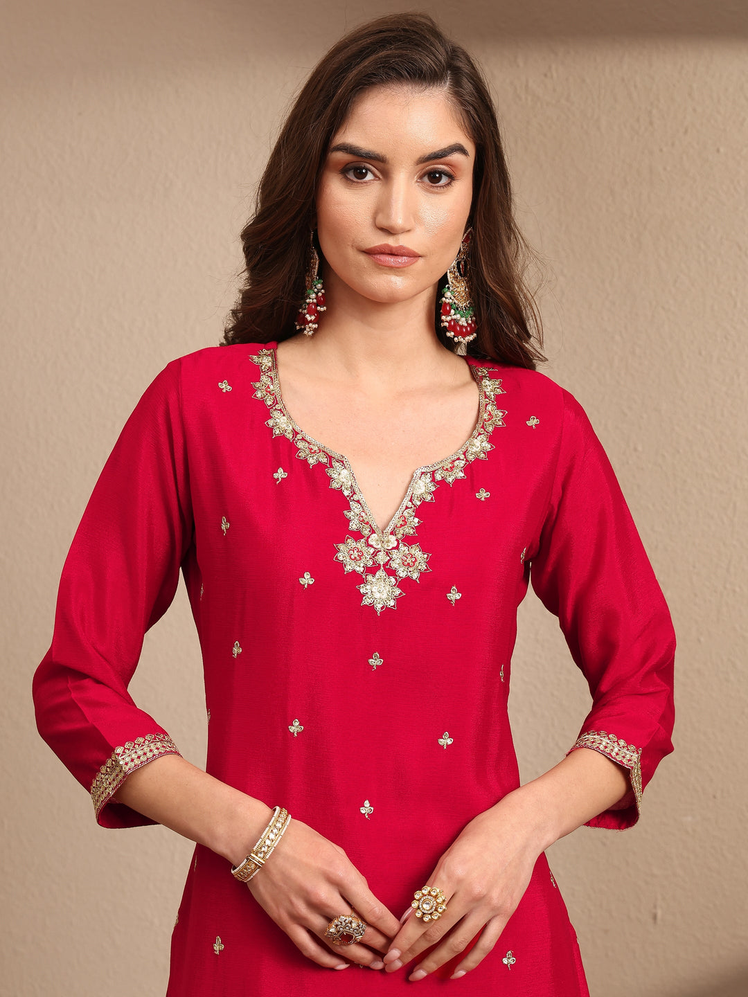 Red Embroidered Chinon Straight Suit Set With Dupatta