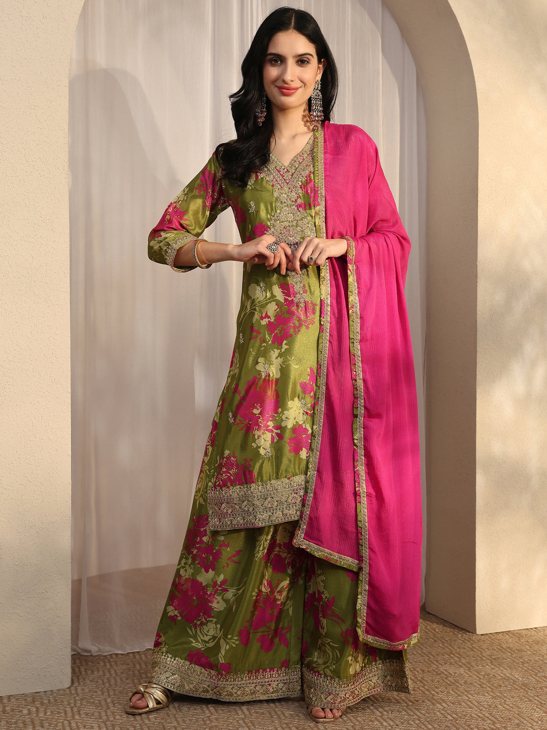Green Printed Chinon Straight Suit Set With Dupatta