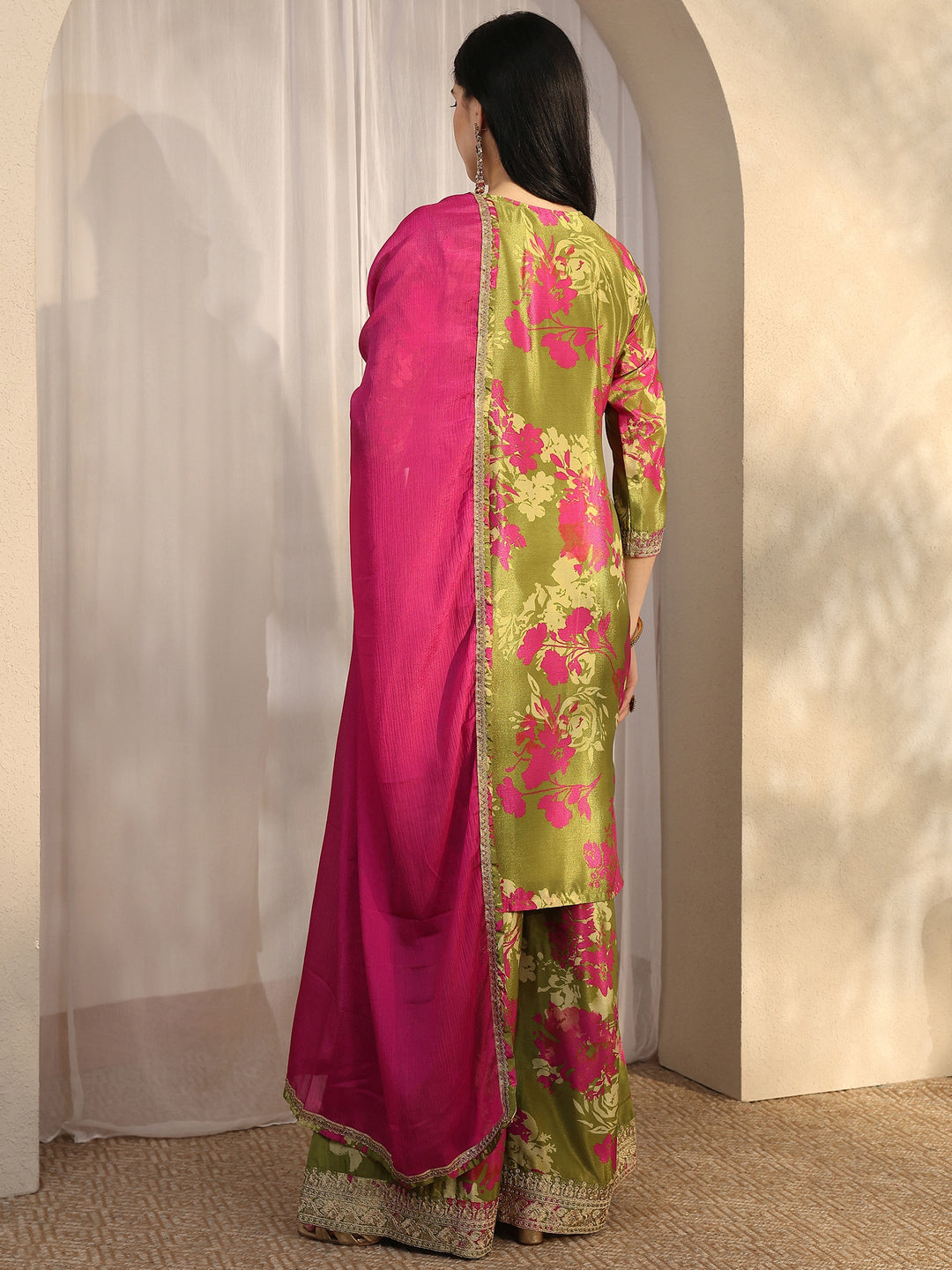 Green Printed Chinon Straight Suit Set With Dupatta