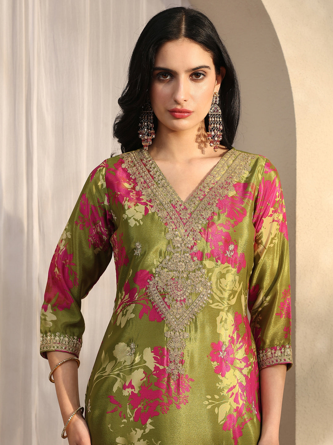 Green Printed Chinon Straight Suit Set With Dupatta