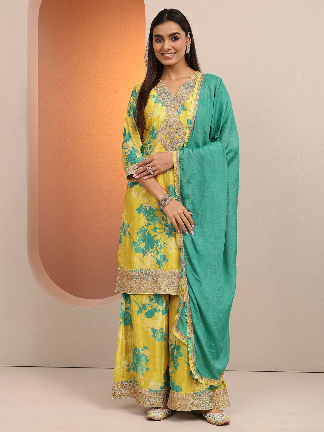 Yellow Printed Chinon Straight Suit Set With Dupatta