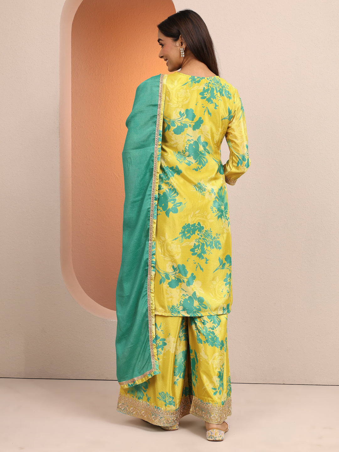 Yellow Printed Chinon Straight Suit Set With Dupatta