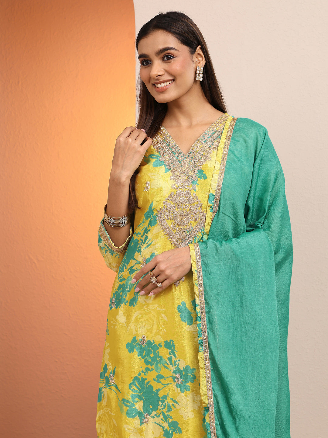 Yellow Printed Chinon Straight Suit Set With Dupatta