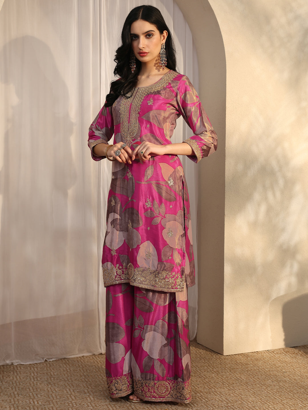 Pink Printed Chinon Straight Suit Set With Dupatta