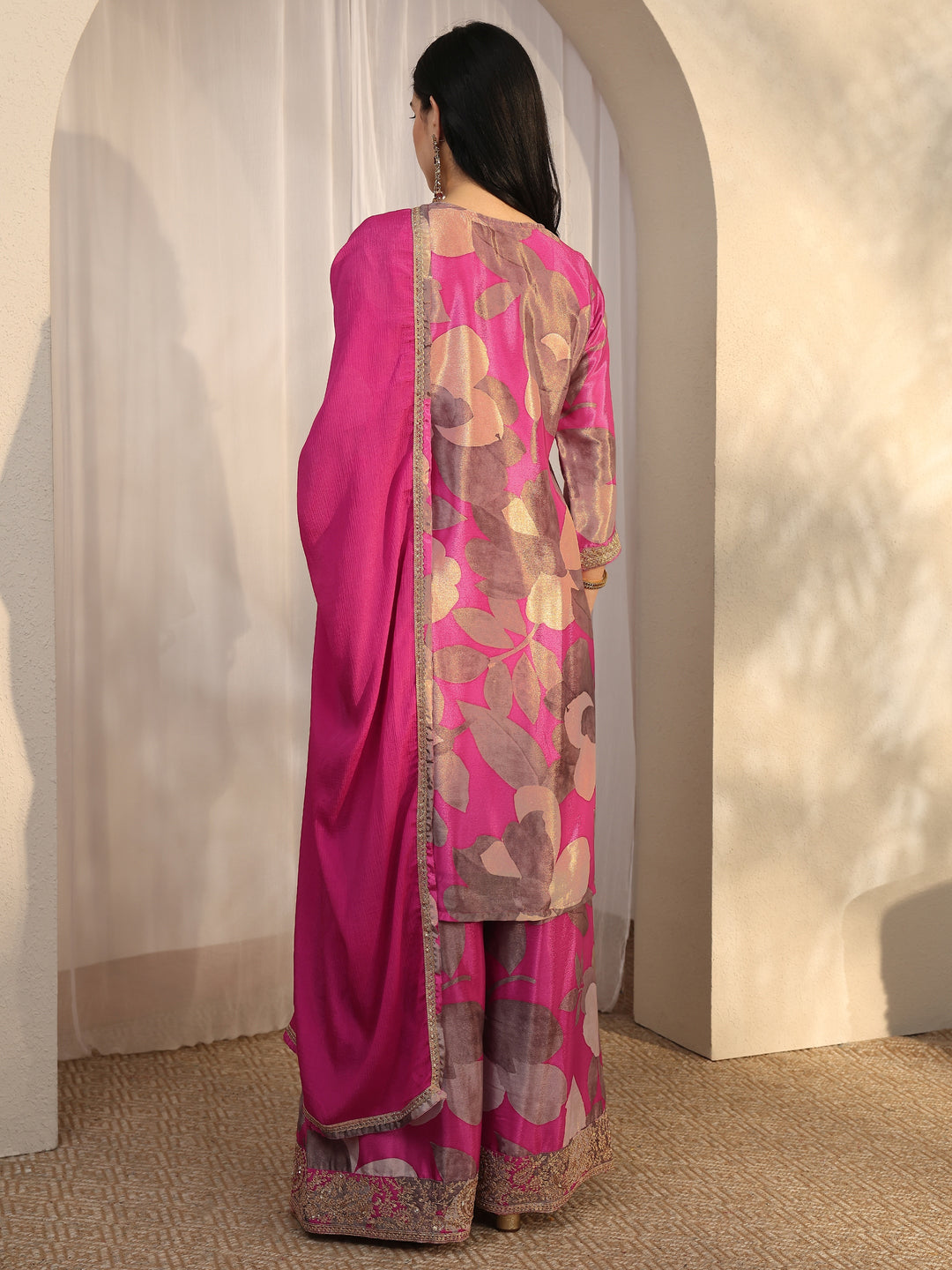 Pink Printed Chinon Straight Suit Set With Dupatta