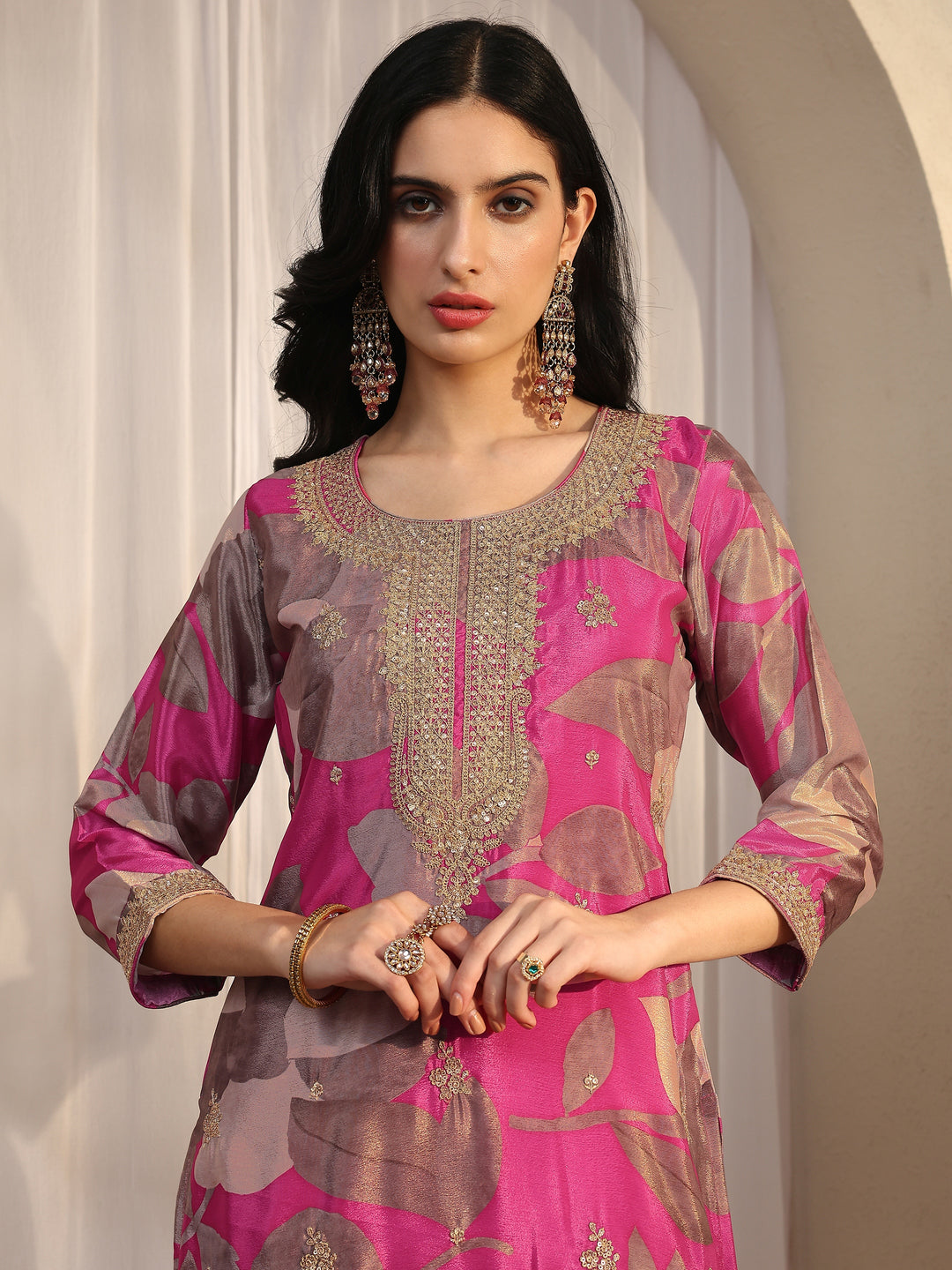 Pink Printed Chinon Straight Suit Set With Dupatta