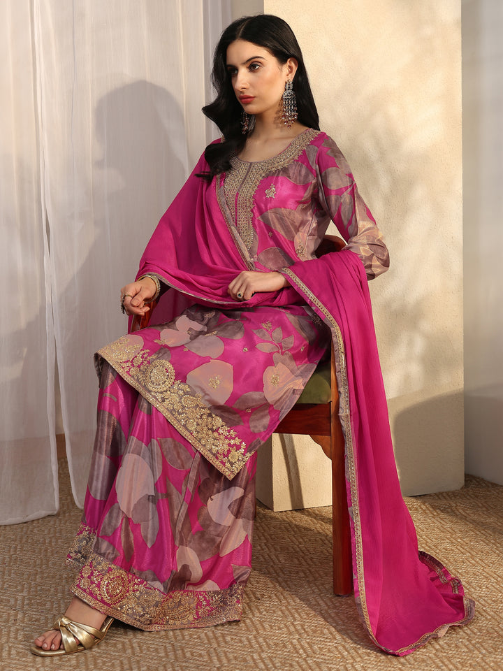 Pink Printed Chinon Straight Suit Set With Dupatta