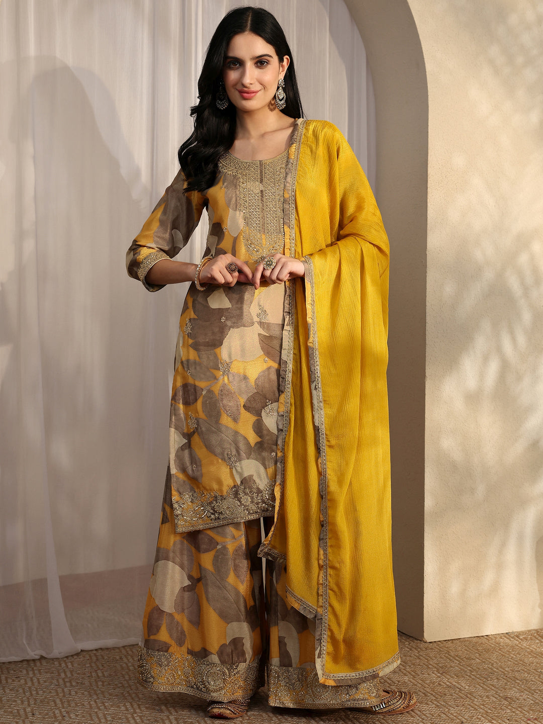 Mustard Printed Chinon Straight Suit Set With Dupatta