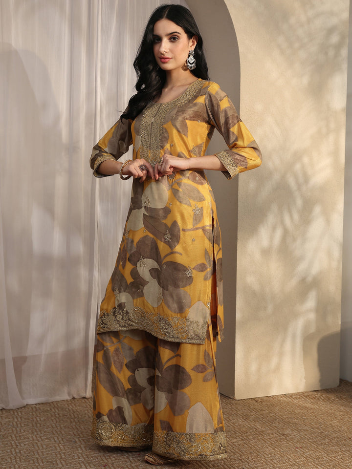 Mustard Printed Chinon Straight Suit Set With Dupatta