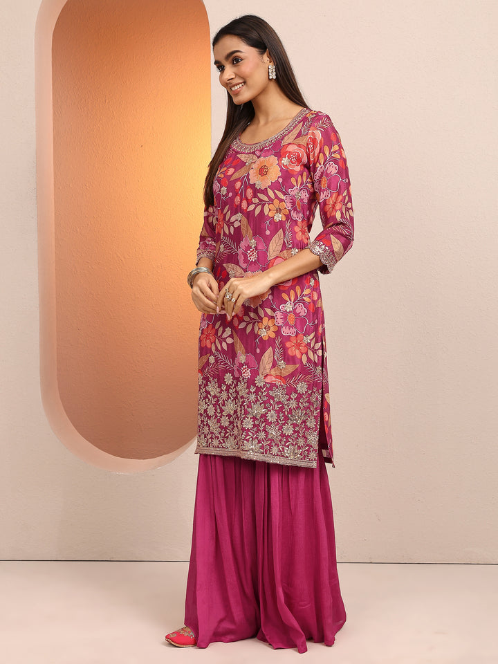 Pink Printed Chinon Straight Suit Set With Dupatta