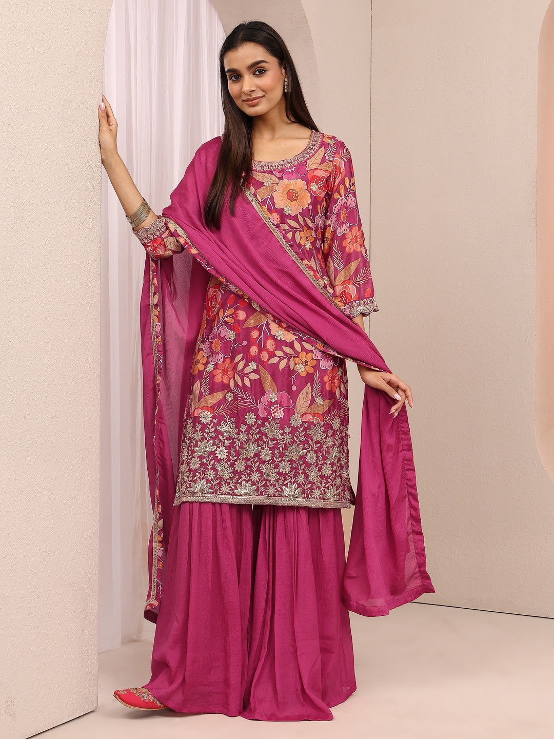 Pink Printed Chinon Straight Suit Set With Dupatta