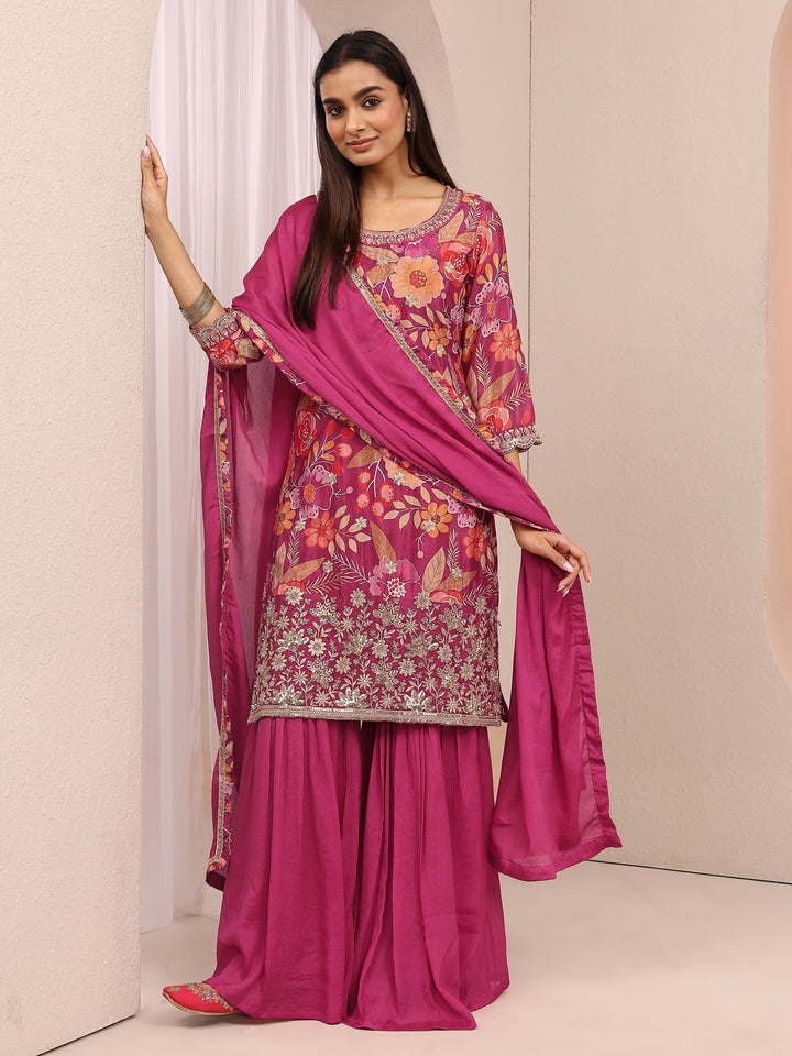 Pink Printed Chinon Straight Suit Set With Dupatta