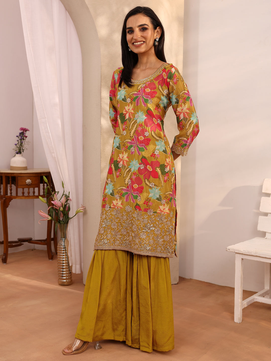 Mustard Printed Chinon Straight Suit Set With Dupatta