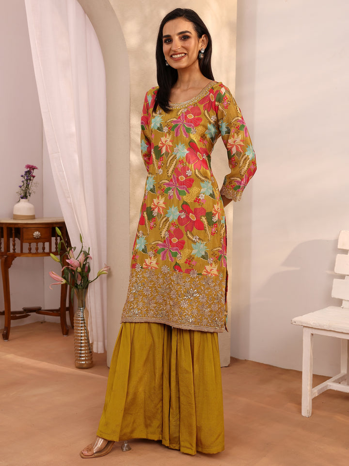 Mustard Printed Chinon Straight Suit Set With Dupatta