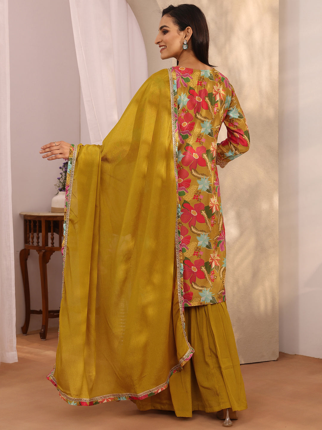 Mustard Printed Chinon Straight Suit Set With Dupatta