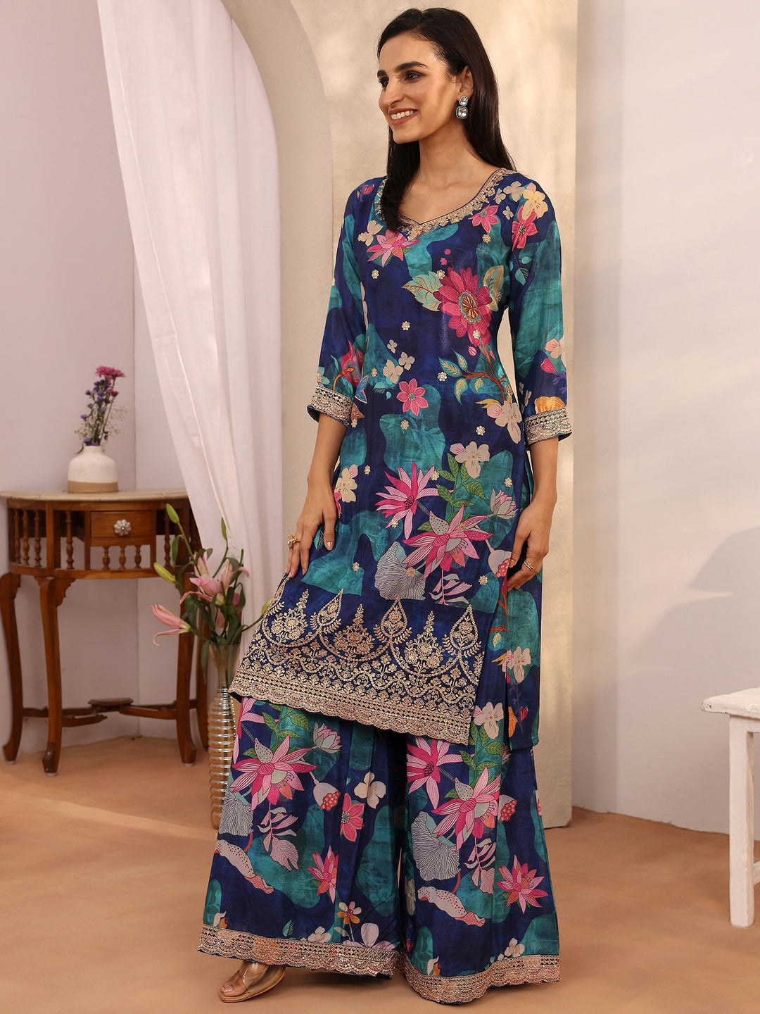 Blue Printed Chinon Straight Suit Set With Dupatta