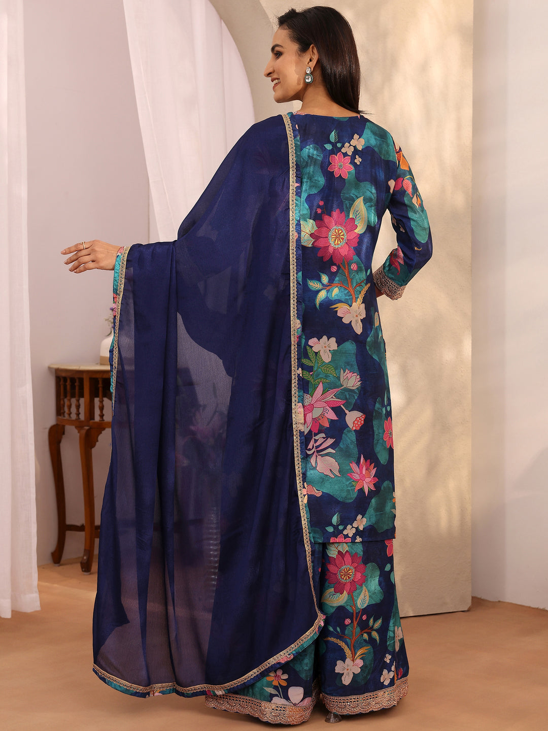 Blue Printed Chinon Straight Suit Set With Dupatta