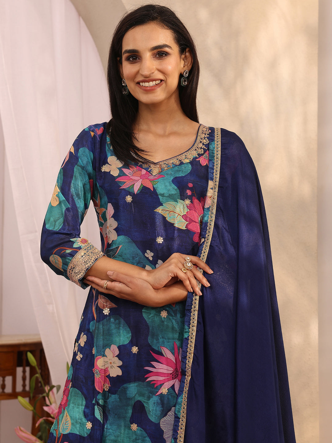 Blue Printed Chinon Straight Suit Set With Dupatta